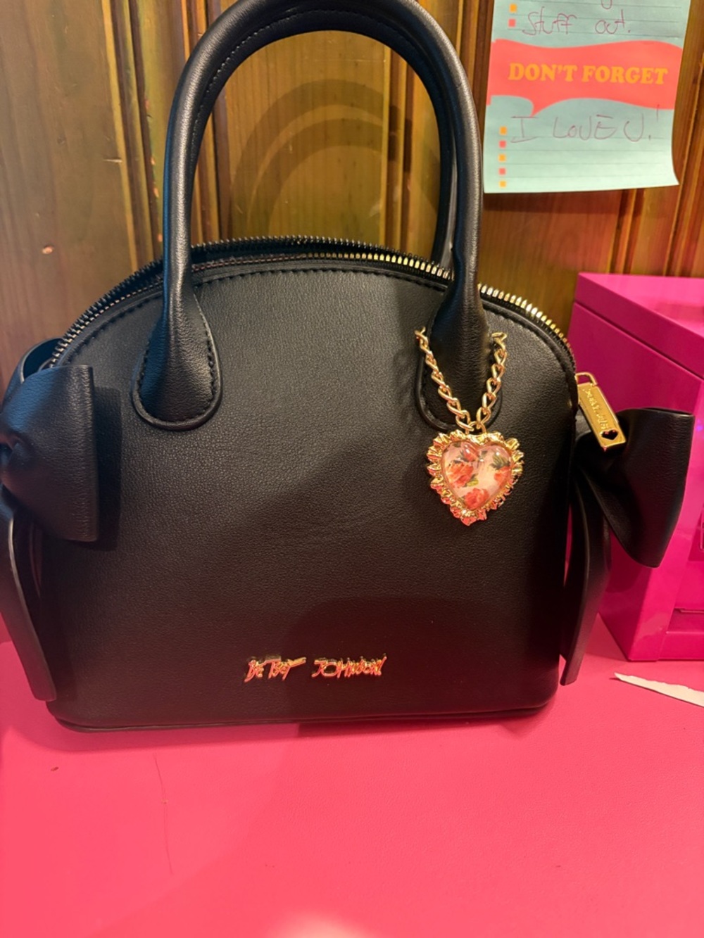 Betsey Johnson Black Dome Satchel with Heart Charm